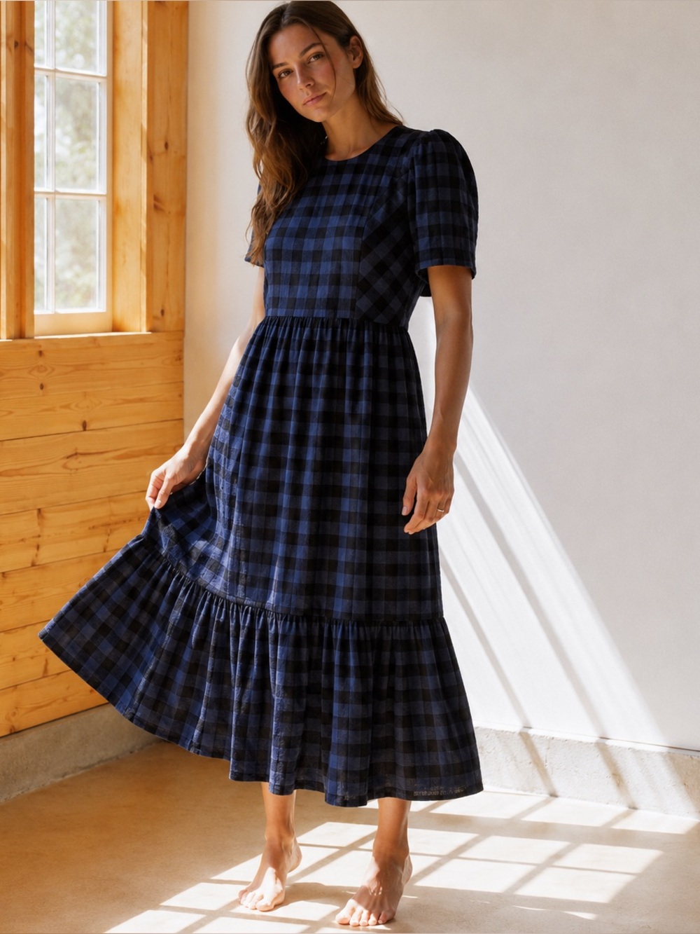 Blue Buffalo Plaid Maxi Dress Cottagecore Prairie Farmhouse Pockets Cotton
